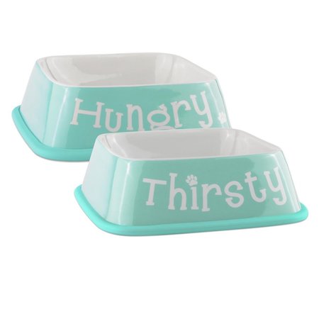 DESIGN IMPORTS Hungry & Thirsty Square Pet Bowl Aqua - Set of 2 CAMZ10405